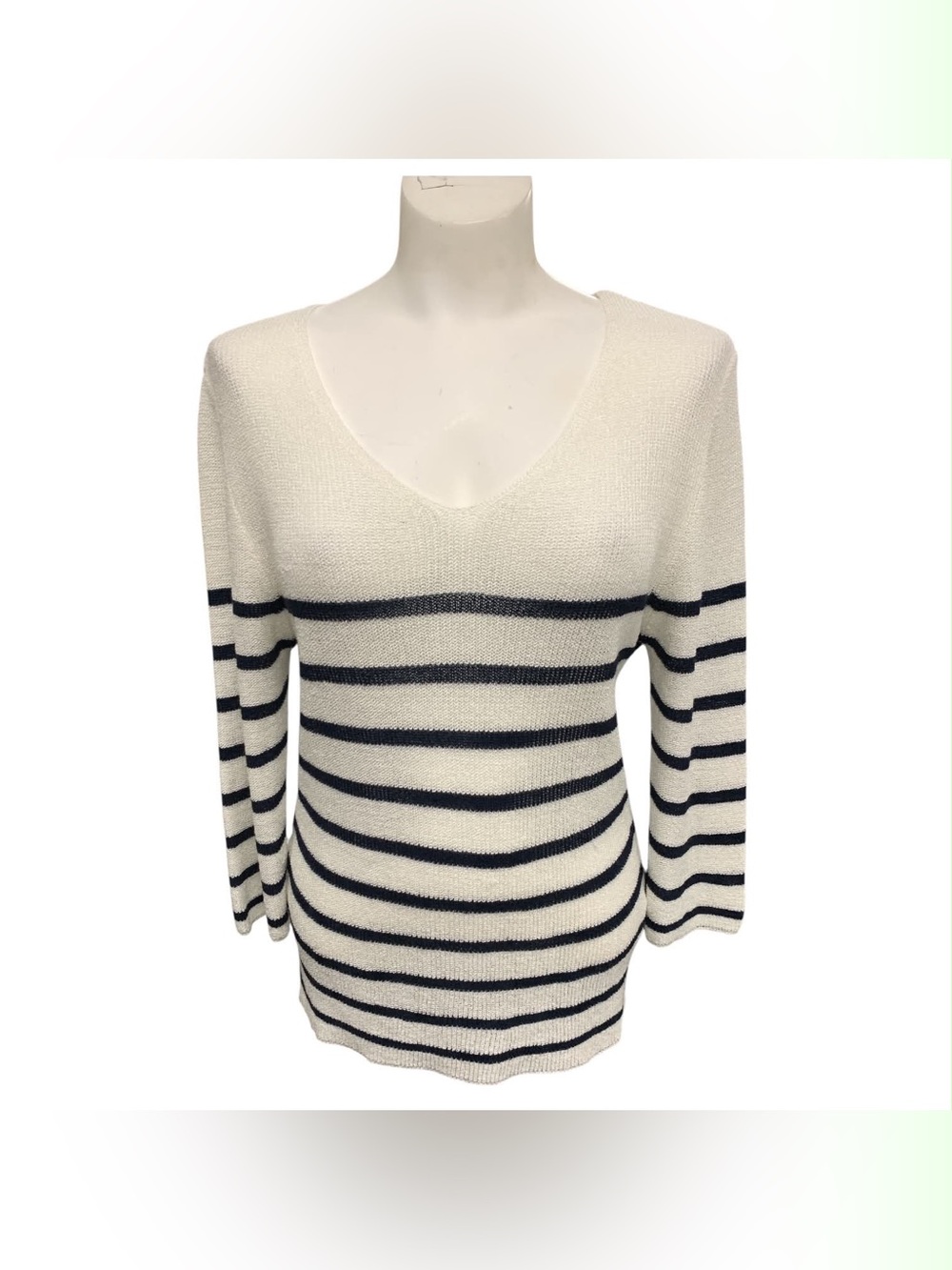 Via Vitale Italy Knit Striped V-Neck Sweater in White and Navy Size M
